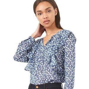 GAP Blouse Size Medium Printed V Neck Long Sleeve Cascade Ruffle Blue White Boho